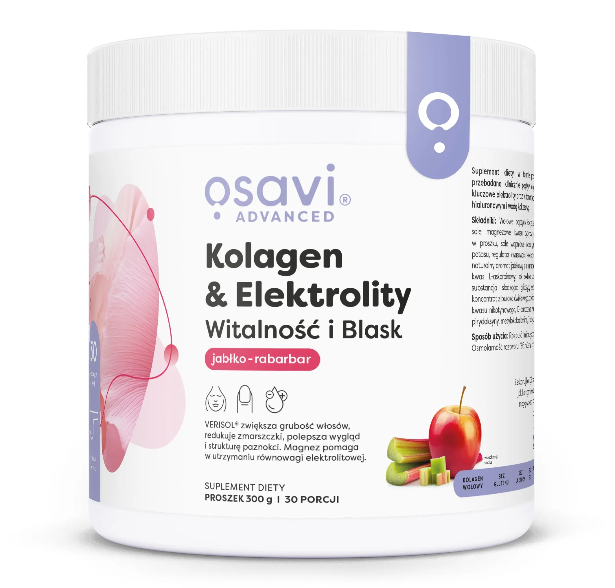 Osavi - Kolagen Elektrolity Witalność i Blask, Jabłko & Rabarbar, Proszek, 300g